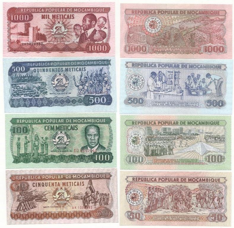 (1980-1989 4 штуки 50 100 500 1000 метикалов) Набор банкнот Мозамбик    