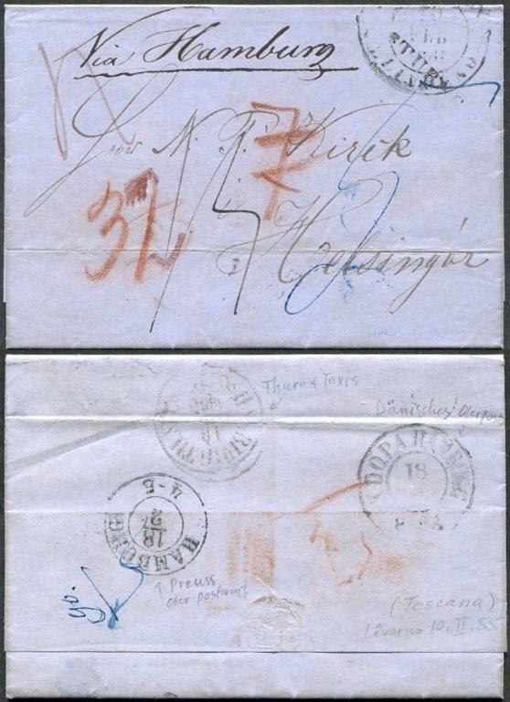 Италия 1855 Герцогство Тоскана ⇒Гамбург (почта Турн-и-Таксис + Прусская + Датская) ⇒Хельсингёр Дания