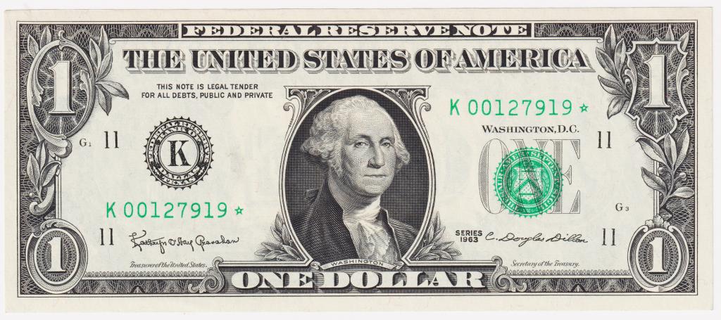 1 доллар 1963 г. Замещение. № К00127919*. Литера К (Даллас). Friedberg № 1900-К*. UNC