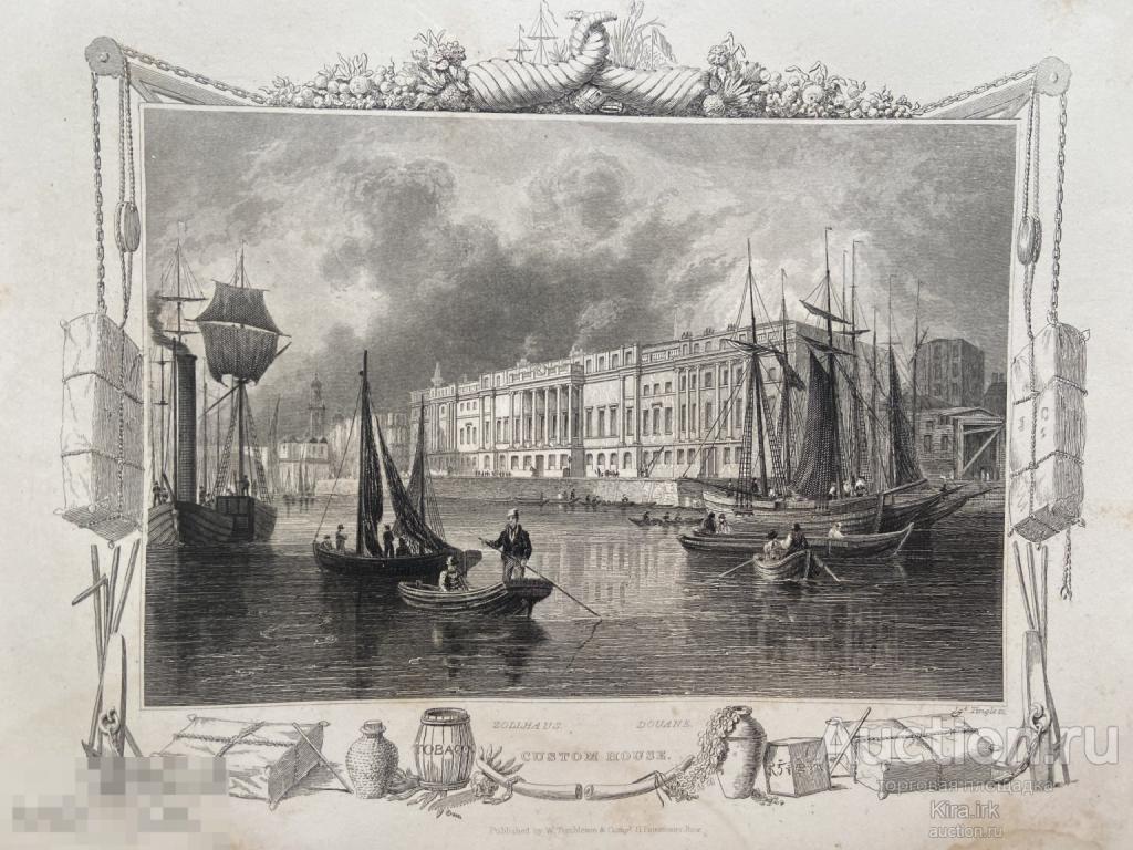 Великобритания. на Темзе. Таможня. Старинная Гравюра 1837. Оригинал. шлюпка, пристань, корабль.