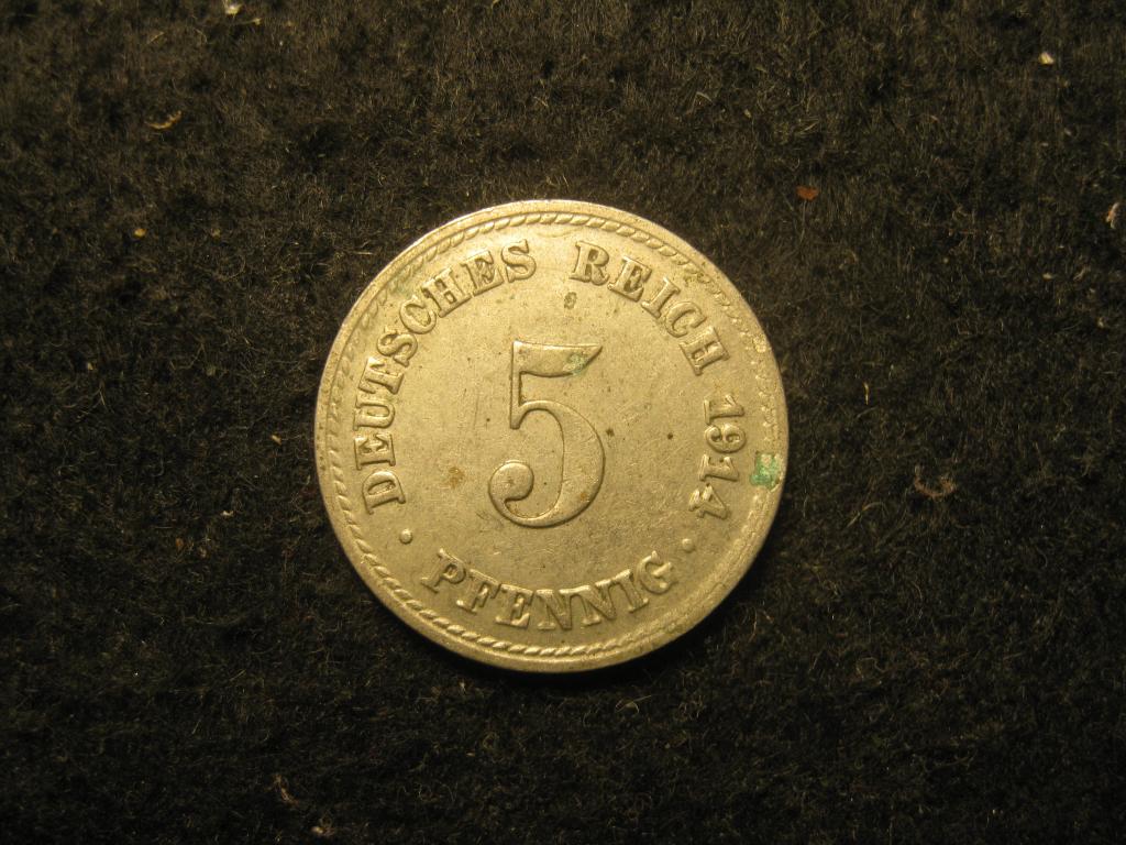 Германия 5 пфеннигов, 1914 A, Берлин XF, геральдический орёл, герб (12.24)