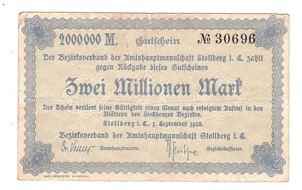 Германия Столлберг 2000000 два миллиона марок 1923 гроссгельд