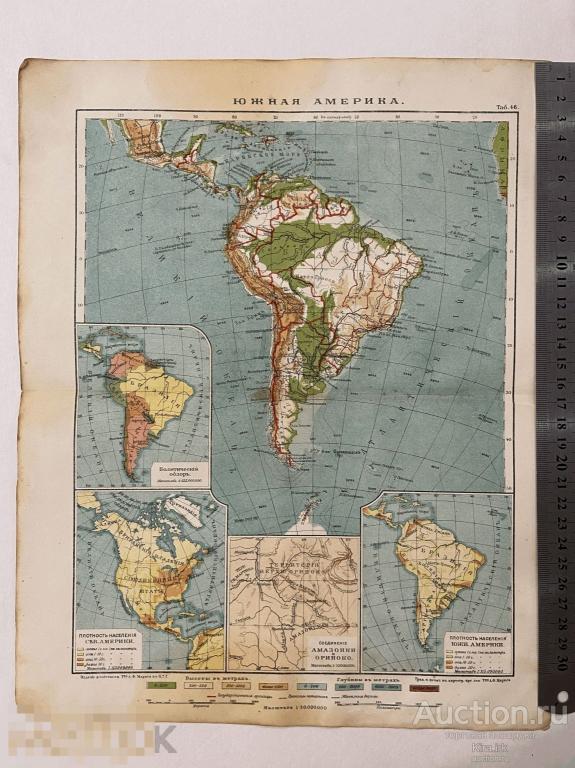 1917 Оригинал. Старинная карта. Южная Америка. политическая, географическая, население