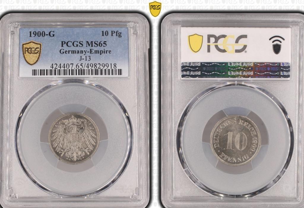Германия 10 пфеннингов 1900 G PCGS MS 65 RRR J#13