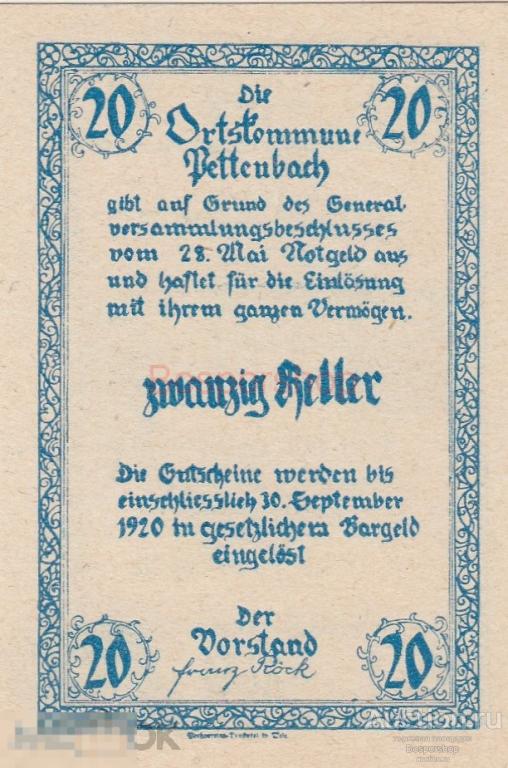 Австрия, Петтенбах 20 геллеров 1920 г. (Вид 2)