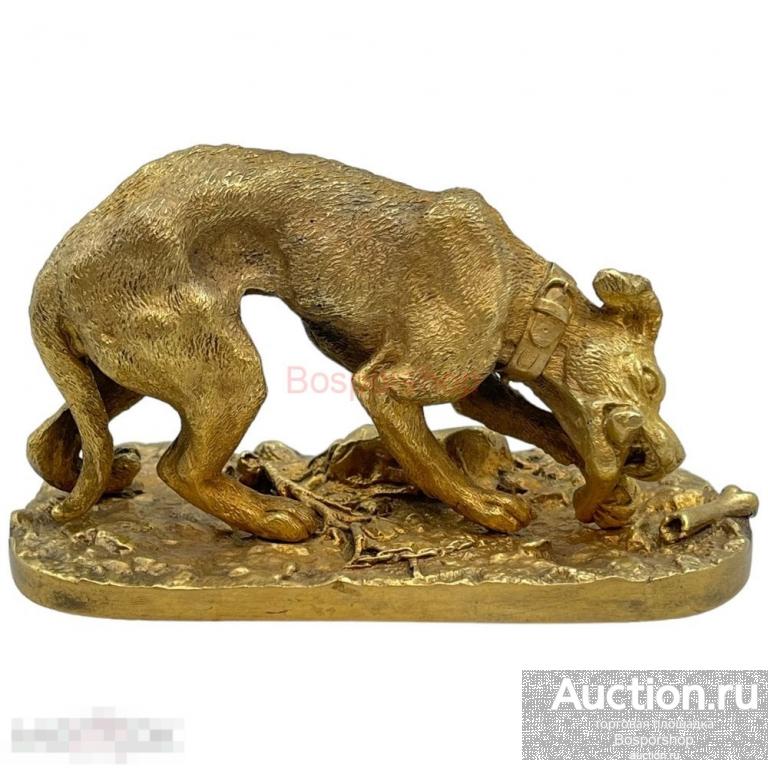 Серебряная статуэтка с позолотой "Собака грызущая кость" 1908-1917 гг. Российская империя