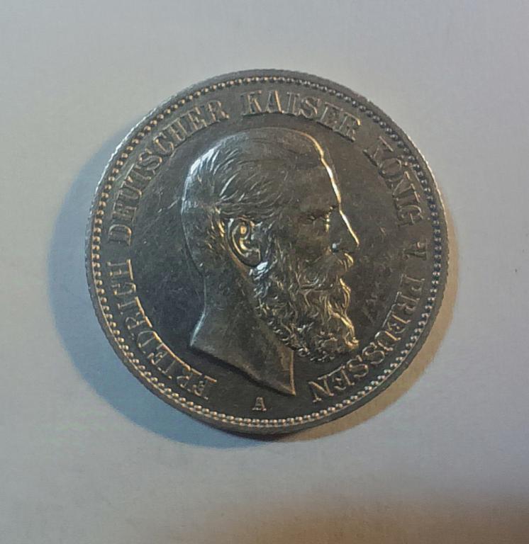 2 марки 1888 Пруссия, серебро , крайне редкая. Шикарный сохран.