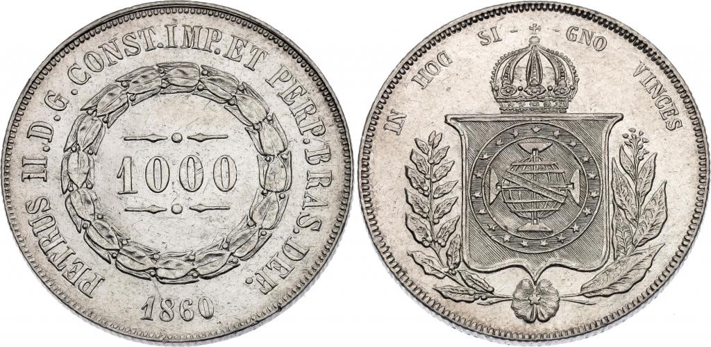 Бразилия - 1000 рейс 1860 - Серебро, Редкая, Отличная XF+