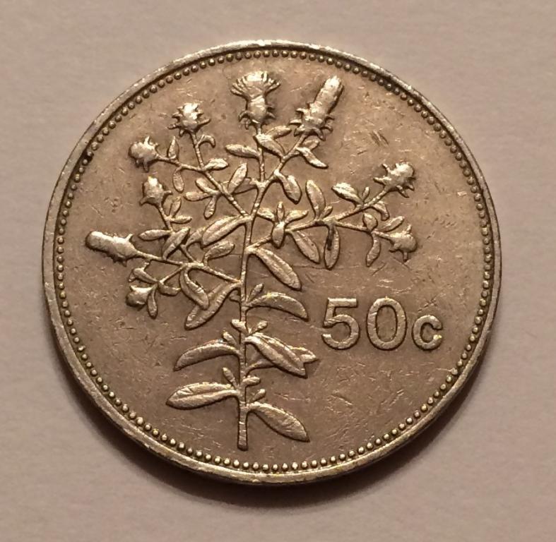 МАЛЬТА 50 ЦЕНТОВ 1986 ЛОДКА ЦВЕТЫ ГУРТОВАЯ НАДПИСЬ: BANK CENTRALI TA’ MALTA XF