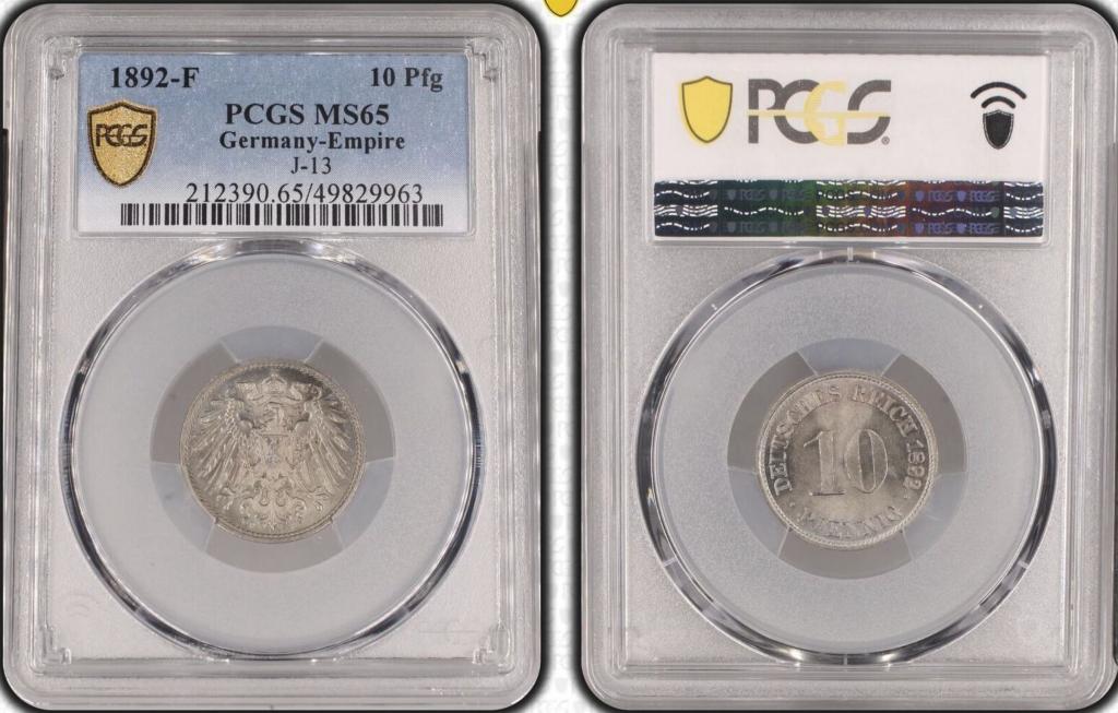 Германия 10 пфеннингов 1892 F PCGS MS 65 RRR J#13