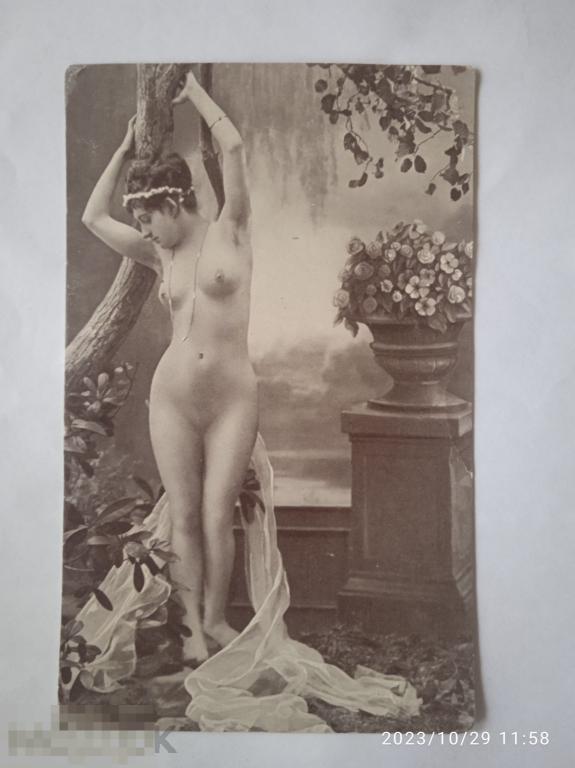 Ню. Обнаженная красивая девушка в полный рост. Браслет,цепь,цветы, вуаль.