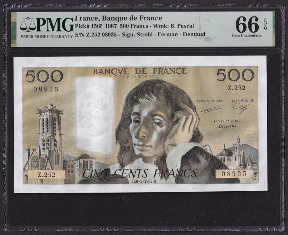 Франция 1987г 500 франков UNC (Pick 156f) слаб PMG-66 EPQ