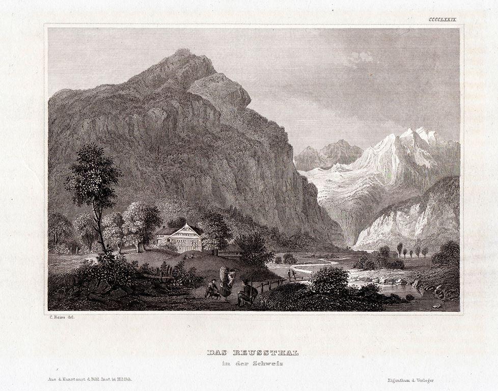 Гравюра Швейцария Das Deussthal Schweiz горы Альпы 1844 г....ориг..сост..