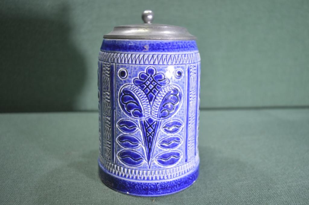 Кружка пивная, с крышкой. Растительные узоры. Керамика, Германия.