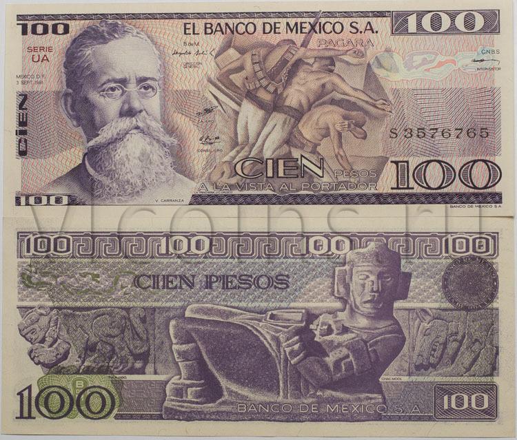 Мексика 100 песо 1981 Чак Мооль купюра UNC 68421