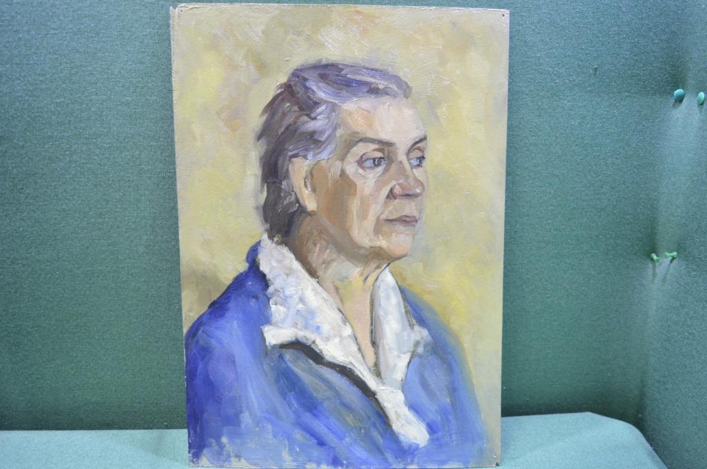 Картина "Женщина в синем платье". Оргалит, масло. Автор неизвестен.