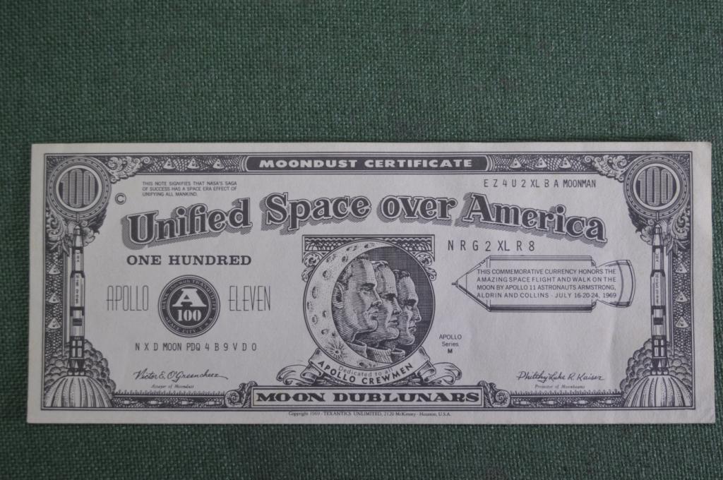 Бона, банкнота "Unified Space over America". Moondust Certificate. Лунные деньги. Аполллон. Космос.