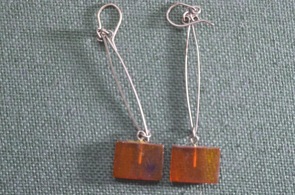 Серьги, сережки янтарные. Прямоугольники. Металл, янтарь. Винтаж, СССР.