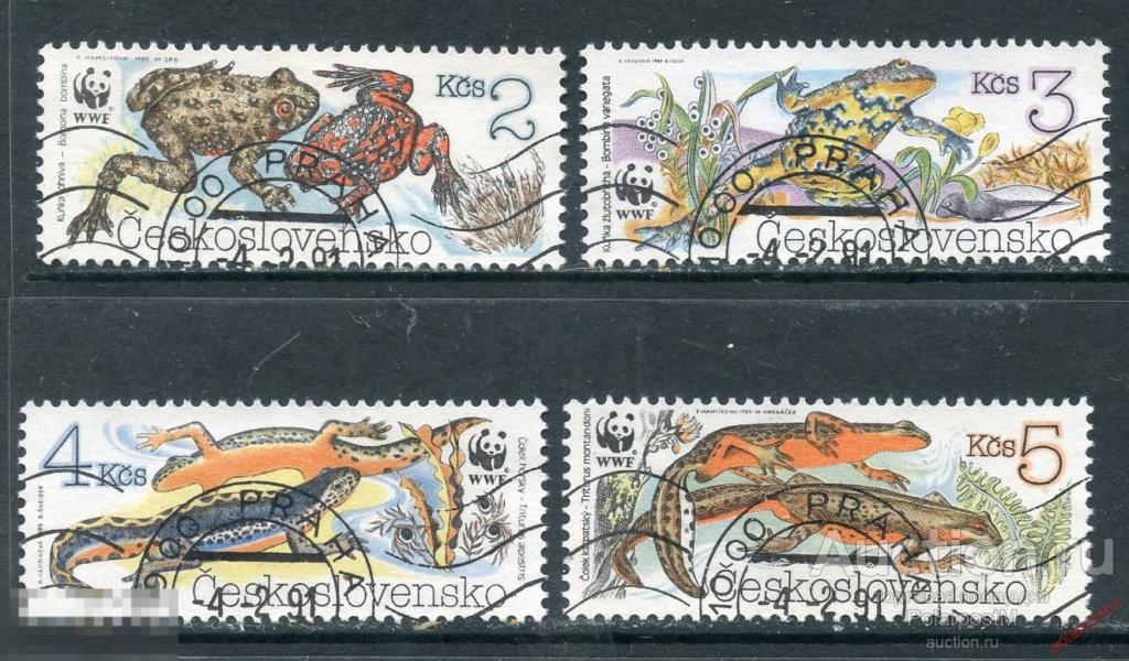 L55 ЧЕХОСЛОВАКИЯ (ЧССР) 1989 3007-3010 WWF. Вымирающие амфибии Лягушки Ящерицы Фауна