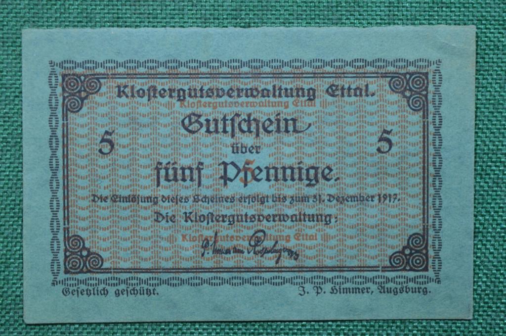 Банкнота 5 пфеннигов 1917 года. Германия, Klostergutsverwaltung - Управление монастырскими храмами.
