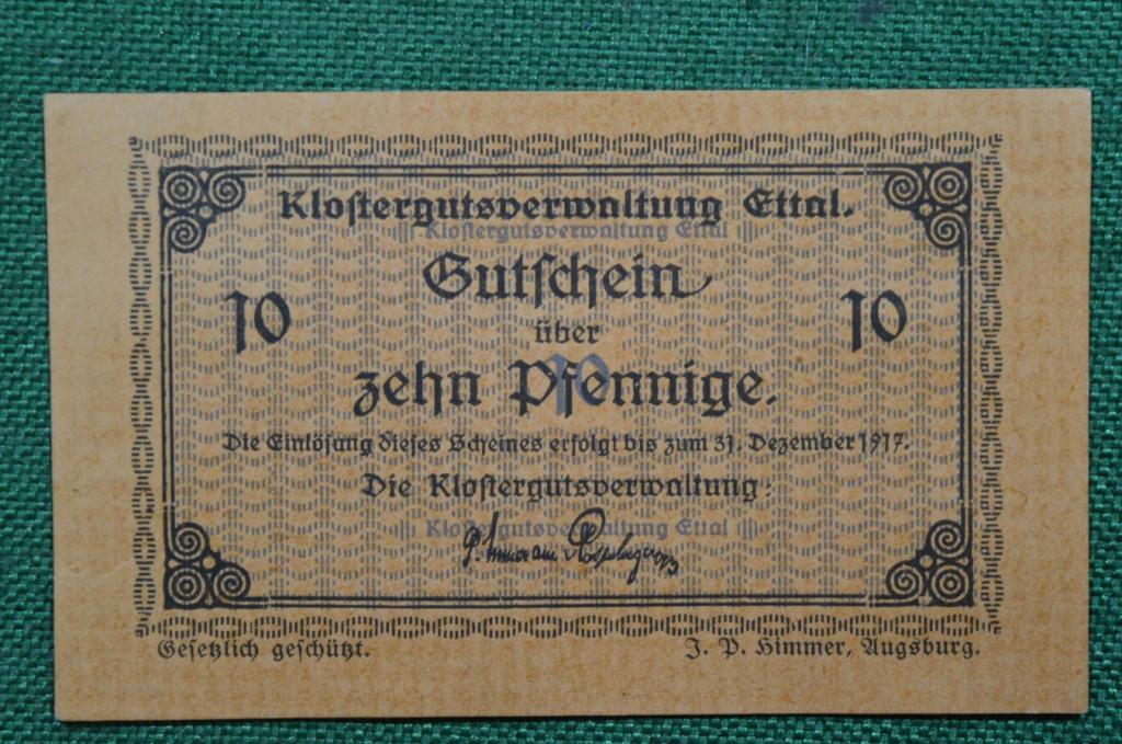 Банкнота 10 пфеннигов 1917 года. Германия, Klostergutsverwaltung - Управление монастырскими храмами