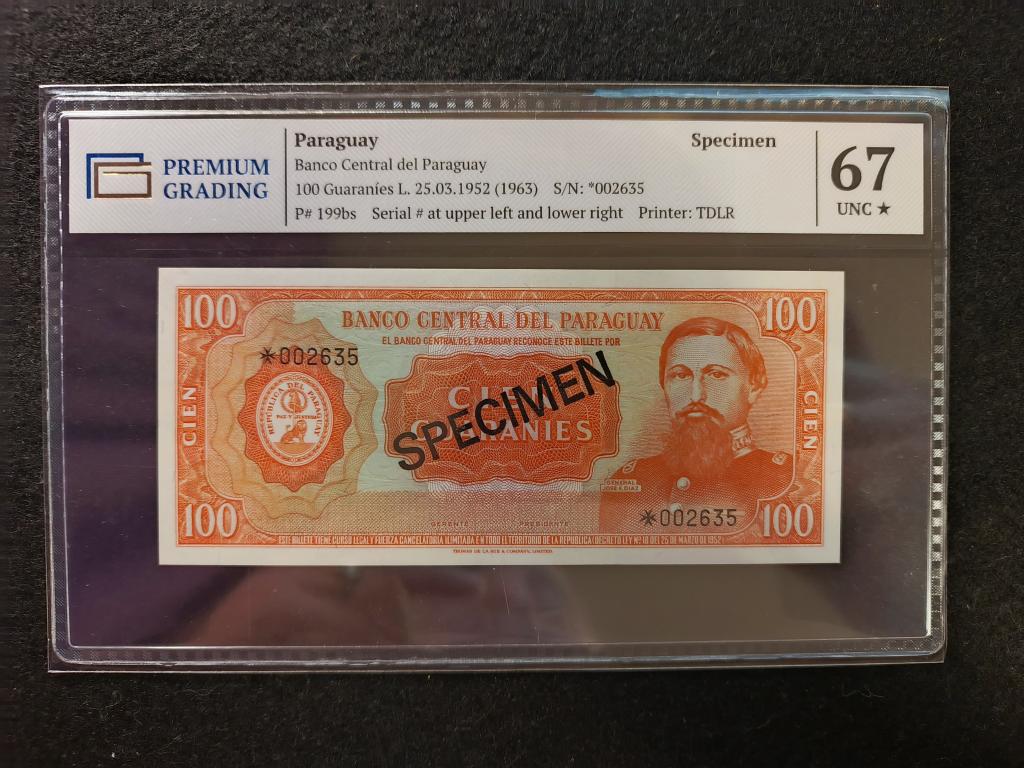 100 гуарани 1952 - 1963 года. Парагвай ОБРАЗЕЦ ( № - 002635 ) PREMIUM GRADING Слаб - 67 * UNC !!!