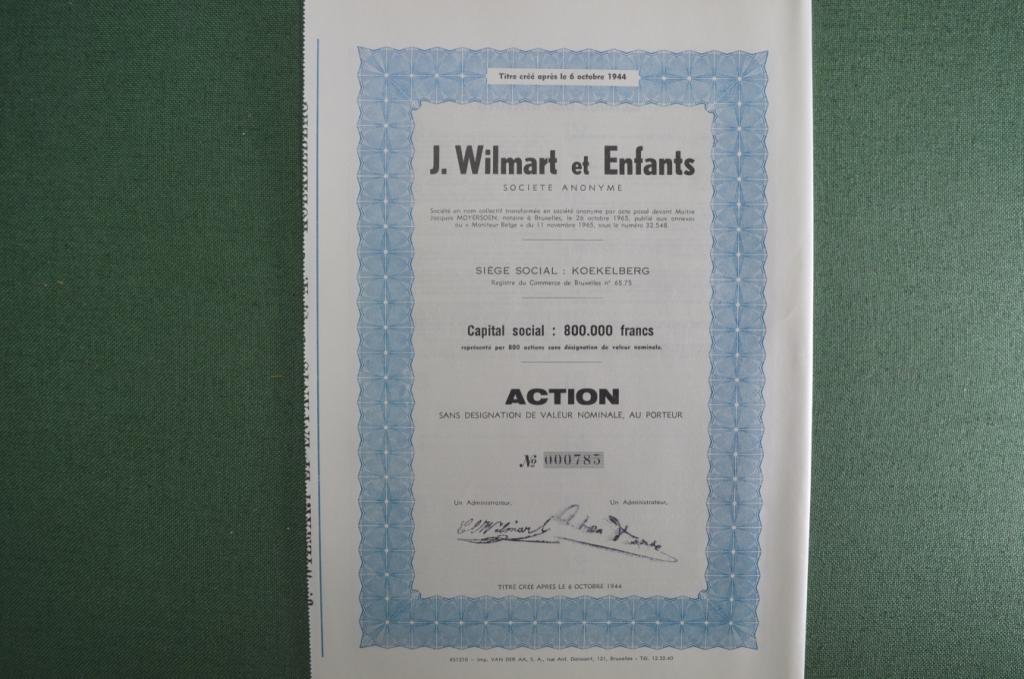 Ценная бумага, Акция общества "Вильмар и Сыновья", Бельгия, 1965 год