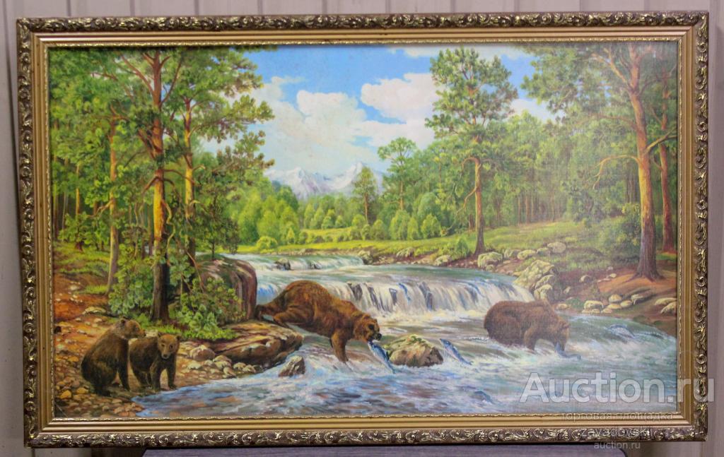 Большая красивая интерьерная картина, медведи, природа.