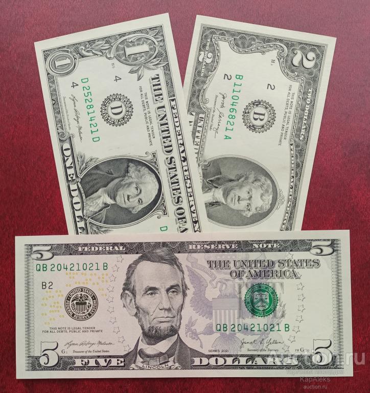 1+2+5 долларов США 2017-21 г. одним лотом. Все UNC пресс!