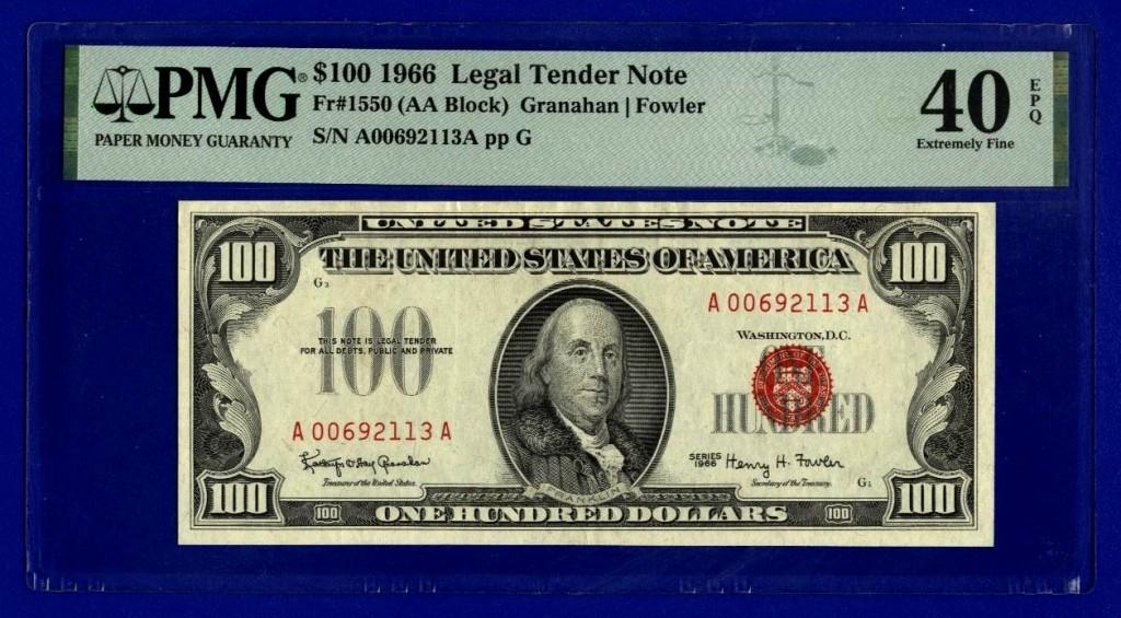 США 100 долларов 1966г .. А 00692113 А  слаб PMG 40 EPQ
