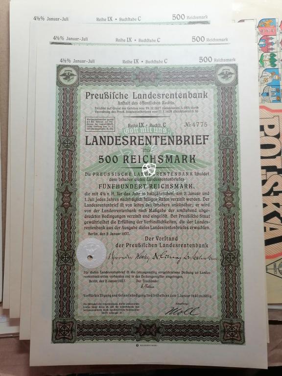 Акция в 500 рейхсмарок, Landesrentenbrief ber 500 Reichsmark, Германия, 1940