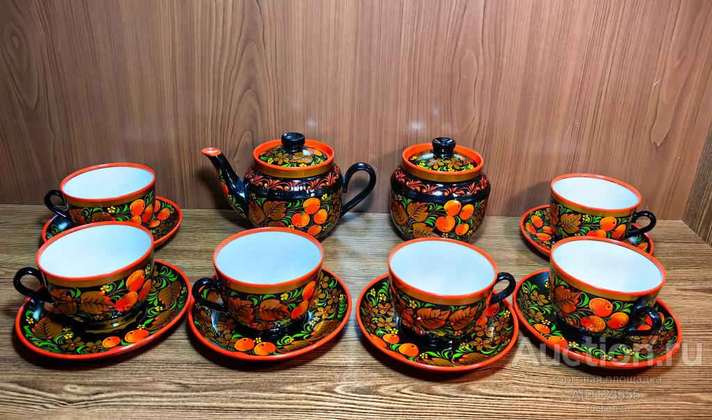 Чайный сервиз Хохлома фарфор роспись позолота редкий чайная пара чашка блюдце чайник