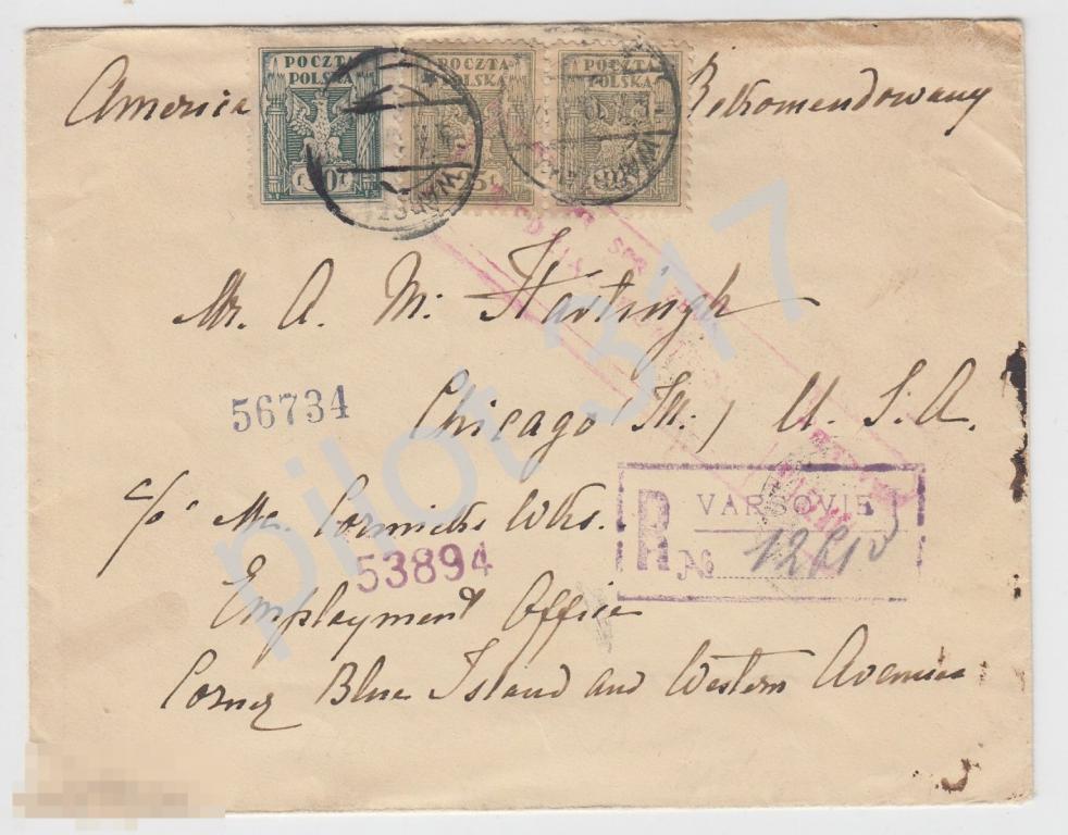 Почтовое отправление почта Варшава Польша-Чикаго США 1919г. Первые марки Польши.