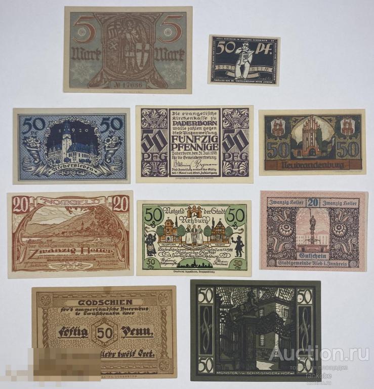 Германия, Австрия комплект нотгельдов 1920-1922 гг. 10 шт. Состояние UNC-