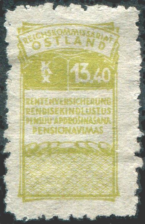 ОСТЛАНД 1943 германская оккупация Пенсионное страхование 13.40 рм.(*) Латвия Литва Эстония