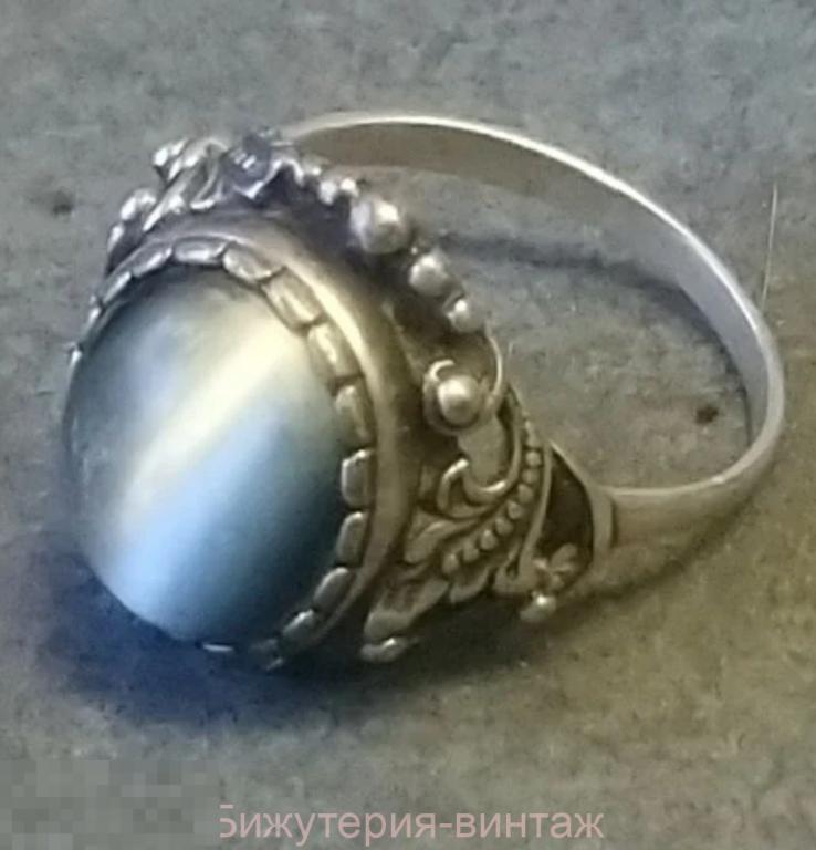 Кольцо кошачий глаз мельхиор серебрение винтаж СССР