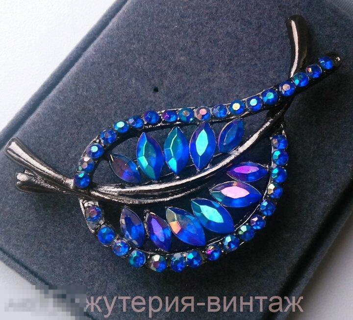 3047/3 брошь Синий лист кристаллы бижутерия винтаж США