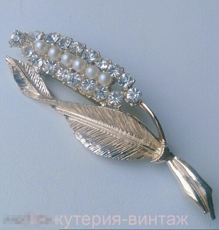 3060/3 брошь колосок кукуруза кристаллы иск.жемчуг  бижутерия винтаж США