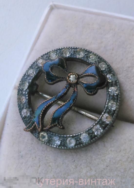 3113/3 старинная брошь Бантик черная эмаль кристаллы винтаж бижутерия США 1900