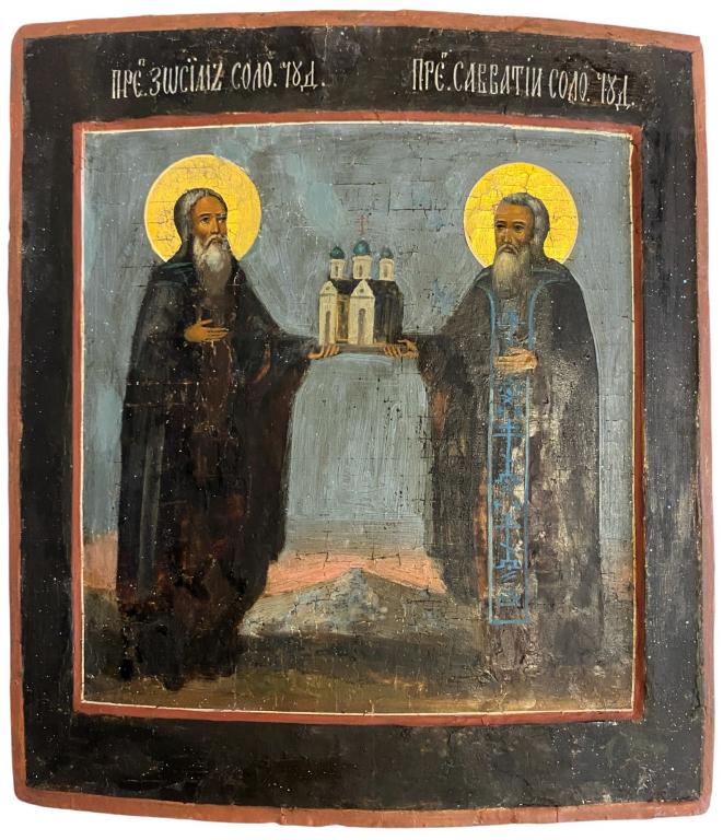 Икона двойной ковчег Зосима и Савватий Соловецкие Чудотворцы 18 век