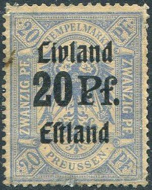 Россия 1918 германская оккупация ндп Livland Estland 20 пф.⊗ гербовая фискальная Латвия Эстония