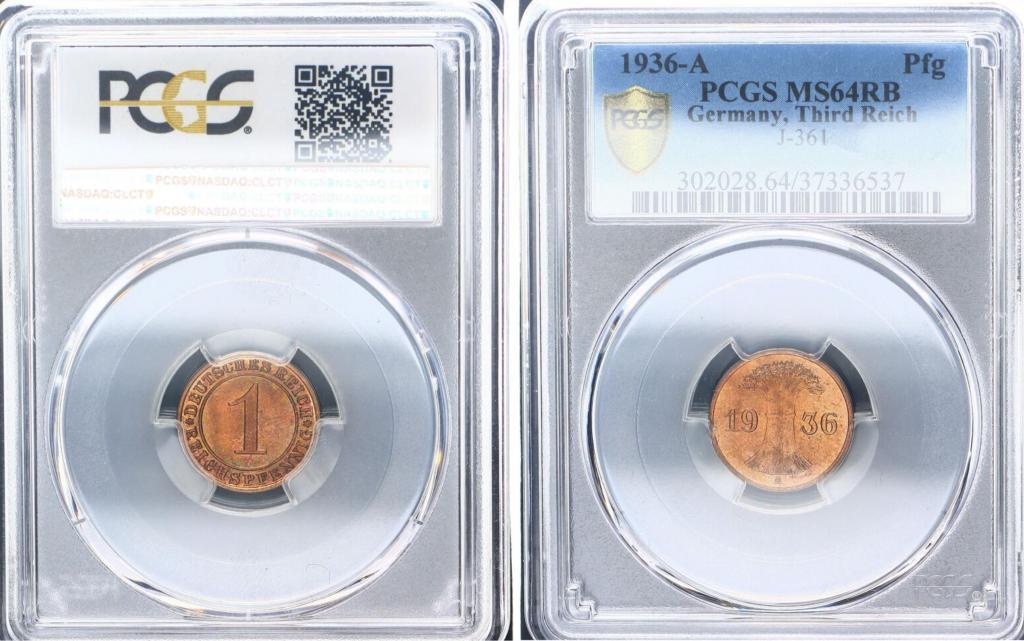 Германия 1 пфенниг, 1936 A, Третий Рейх. Слаб PCGS MS65 RB J#313