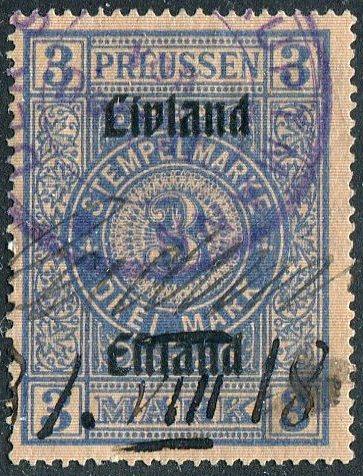 Россия 1918 германская оккупация ндп Livland Estland 3 мк ⊗ гербовая фискальная Латвия Эстония