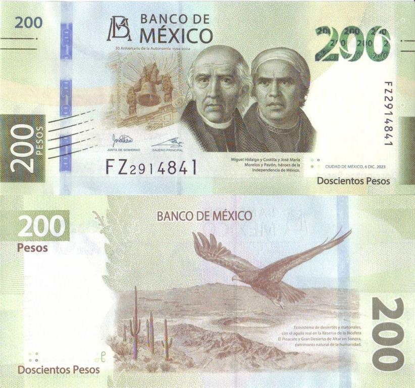 Мексика 200 песо 2023 банк 30 лет 1994-2024 P131A(2) пресс unc