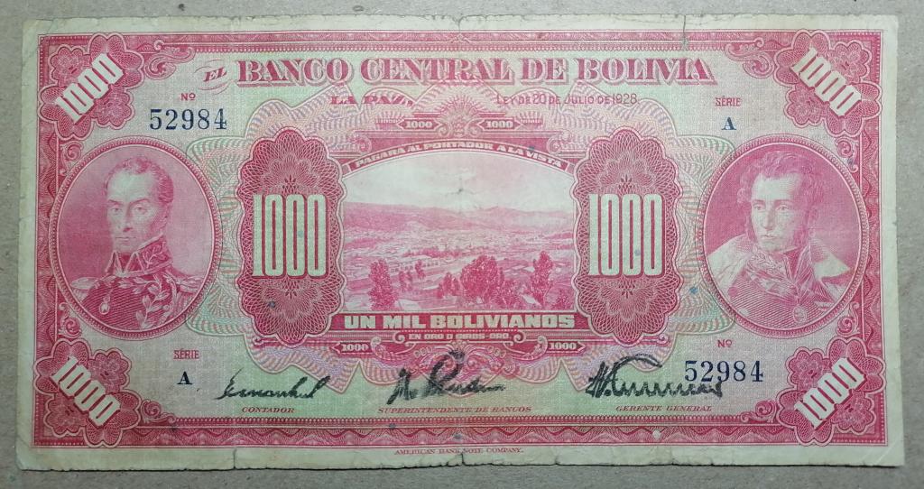 1000  боливиано 1928 Боливия Pick # 127b