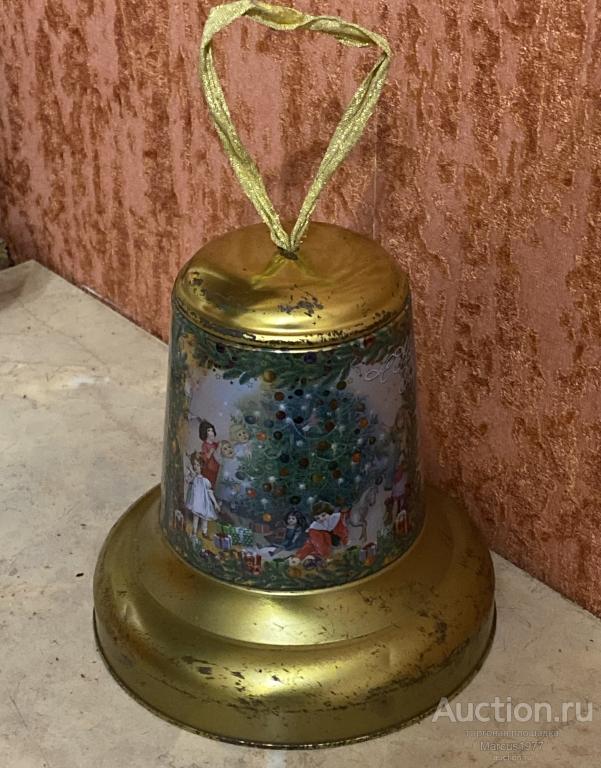 Сувенирный крупный новогодний колокол, ёмкость, игрушка. Жесть