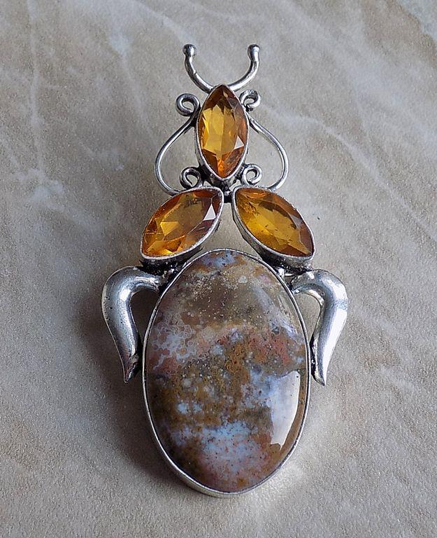 Коллекционный Жук! Цитрины и Океаническая яшма! (созд) Серебрение 925! Ручная работа!