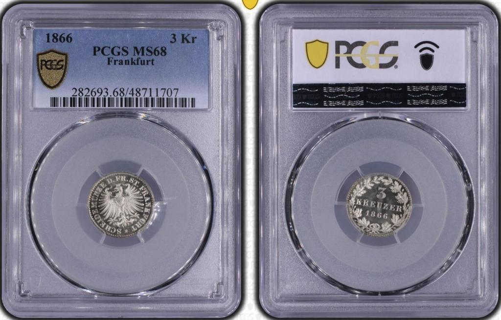 Германия Франкфурт 3 кройцера 1866 год PCGS MS68 Top Pop! J#35