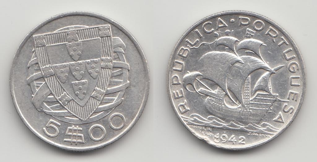 Португалия 5 эскудо 1942 серебро