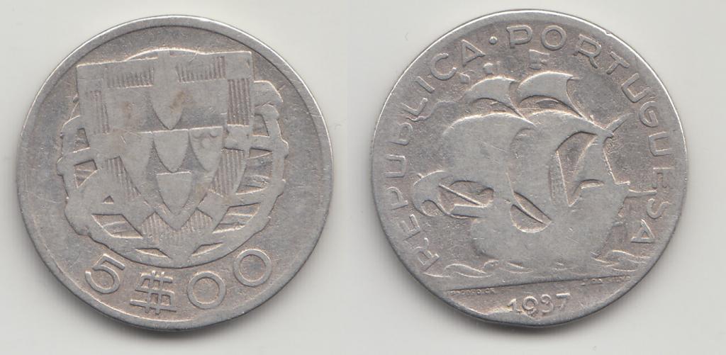 Португалия 5 эскудо 1937 серебро